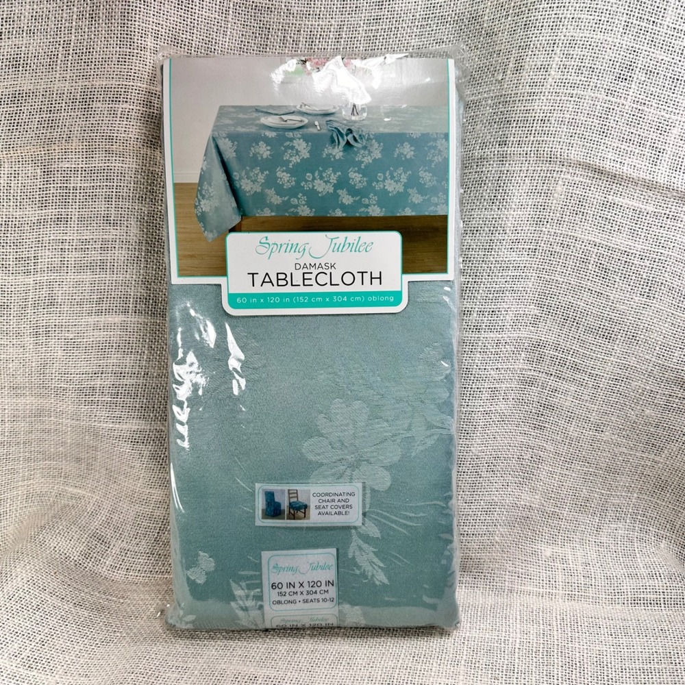 Spring Jubilee‎ Damask Tablecloth Mist Teal Floral 60x120 Oblong Seats 10-12 NEW